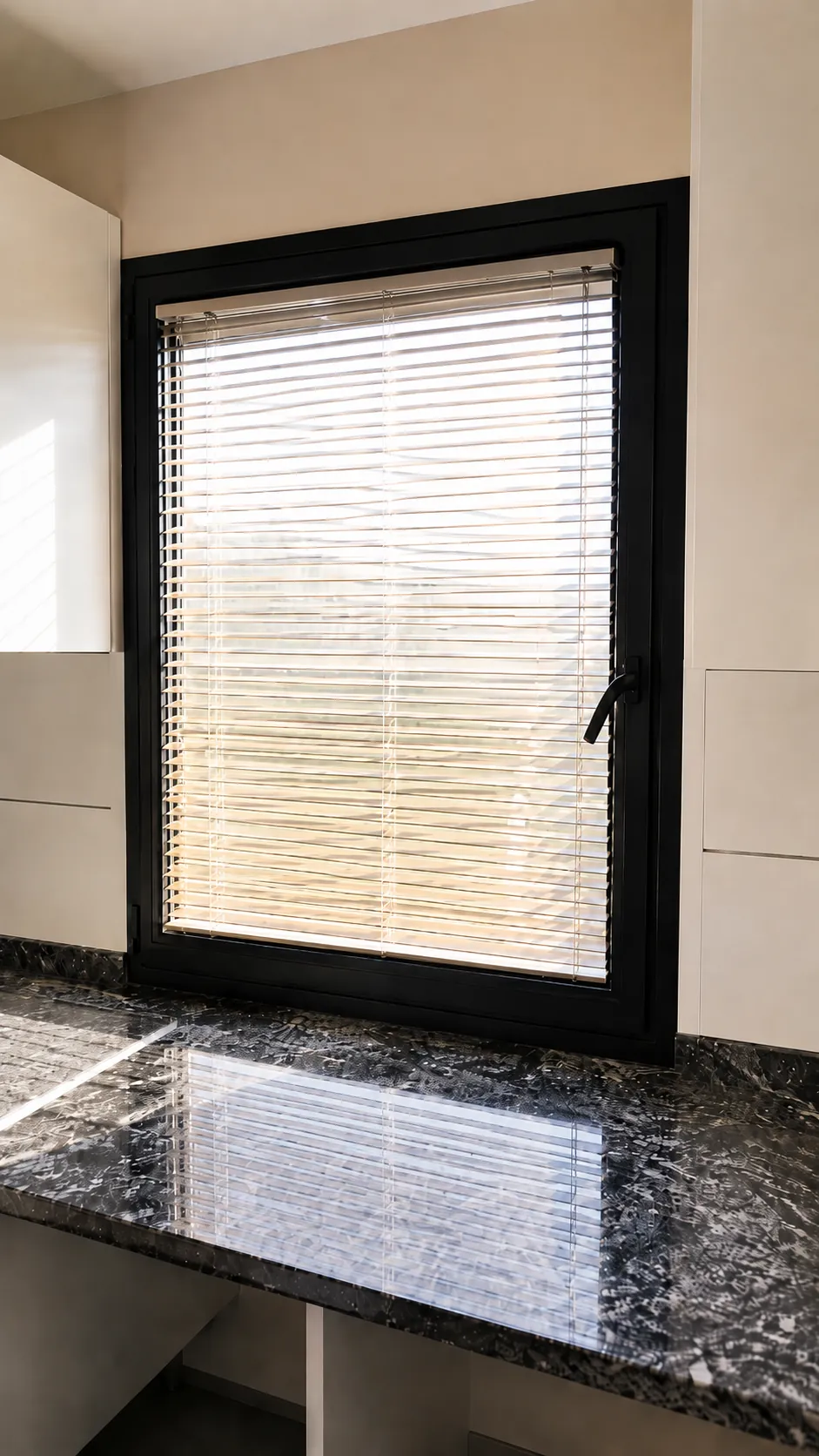 Bodrum'da bir banyo penceresine uygulanmış ahşap görünümlü jaluzi perde